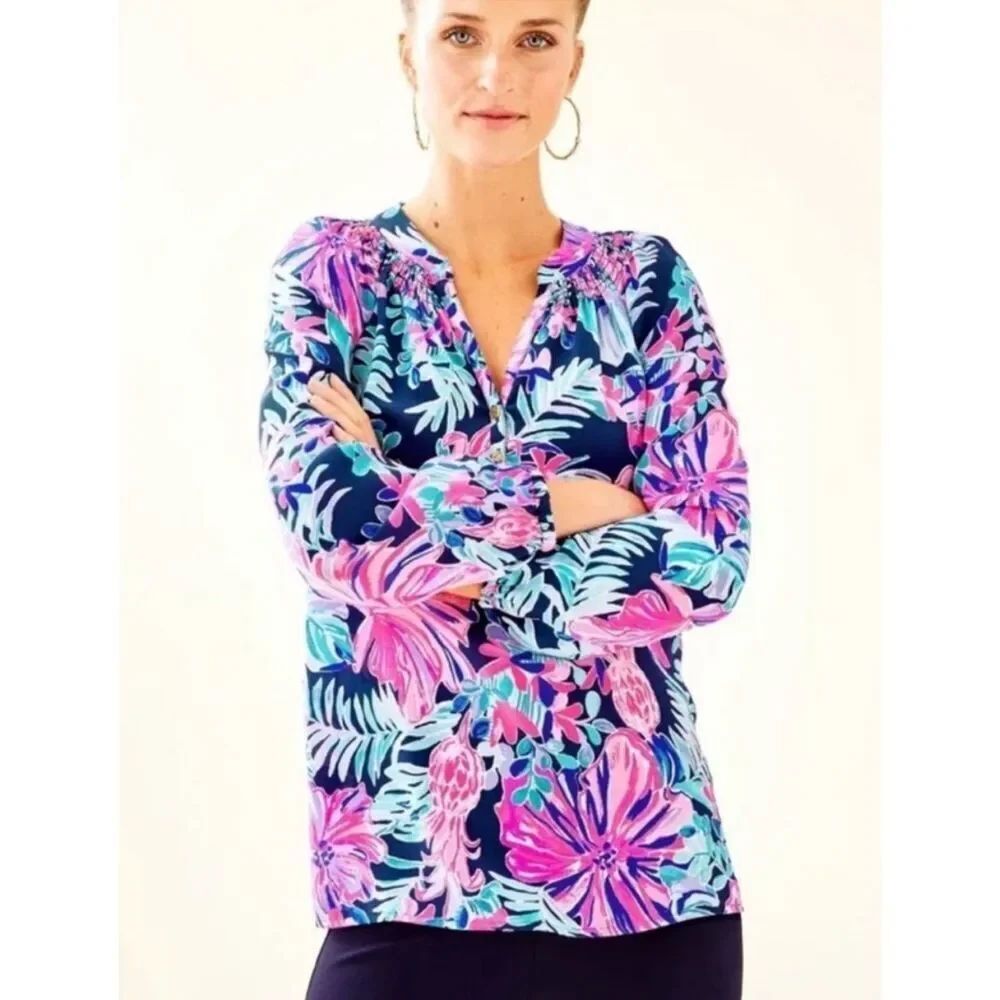 Lilly Pulitzer Elsa Silk Long sleeve Top Multi Garden Getaway M